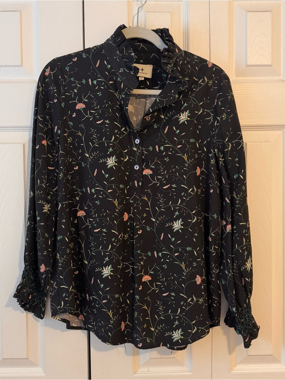 Tuckernuck Black Floral Ruffle Blouse with Pink Accents